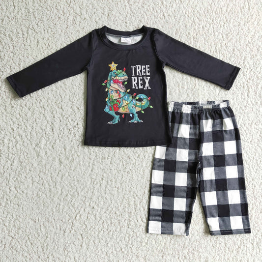 Christmas Black Dinosaur Plaid Stripes Boy Set