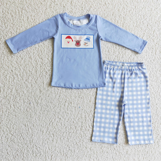 Christmas Snowman Blue Plaid Stripes Boy Set