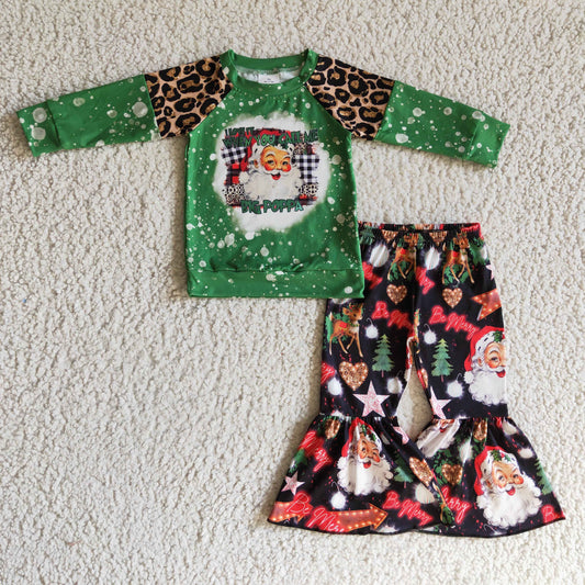 Christmas Green Leopard Santa Girls Outfits