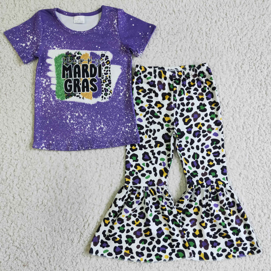 Purple Mardigras Leopard Bell Pants Girls Set