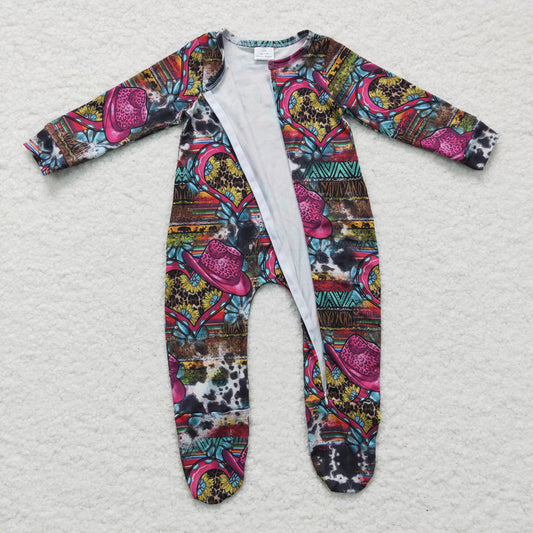 Western Purple Flower Hat Romper With zipper