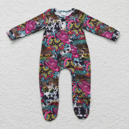 Western Purple Flower Hat Romper With zipper