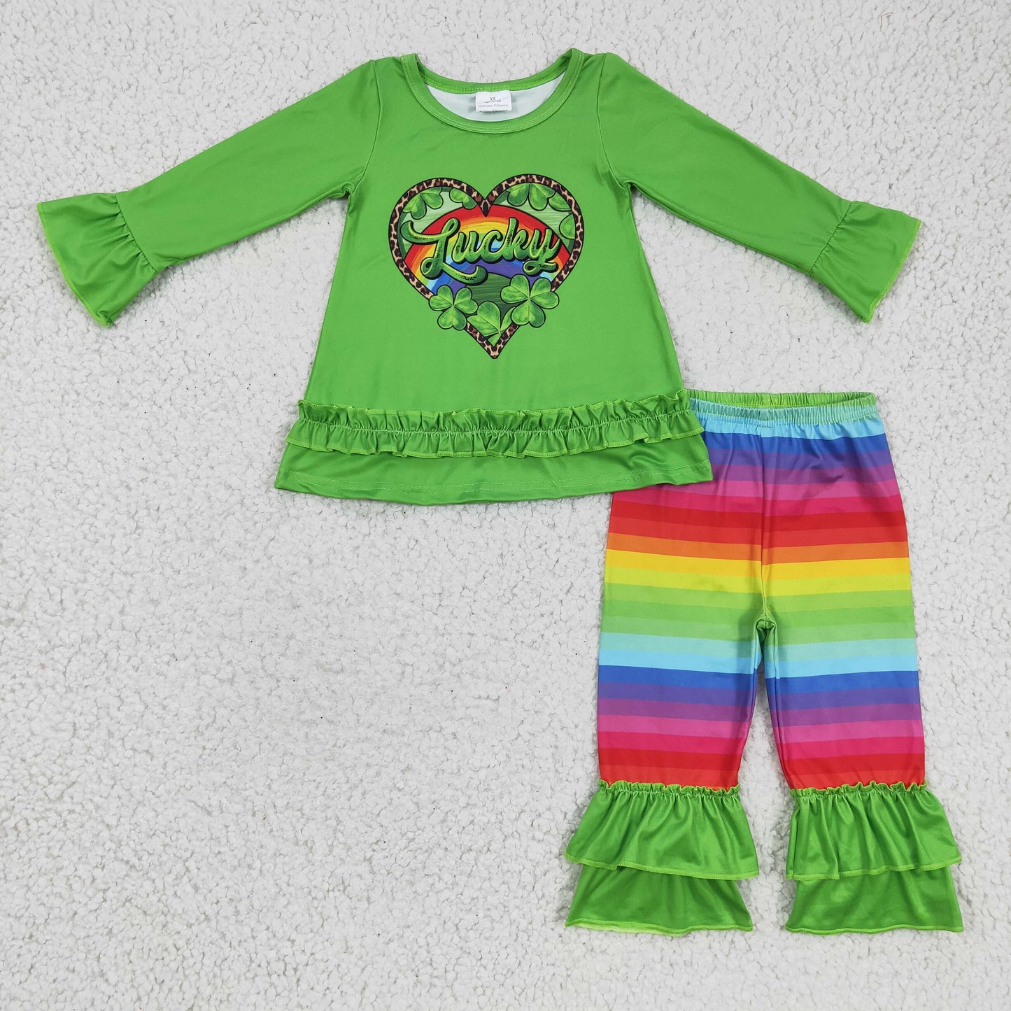 st patrick Day Green Cartoon Ruffle Pants Girls Set