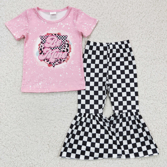 Pink Black Plaid Bell Pants Girl Outfits