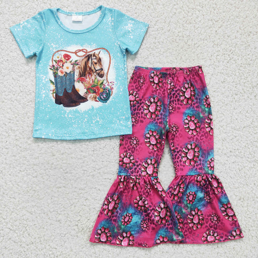 Blue Boot Horse Rose Red Bell Pants Girls Set
