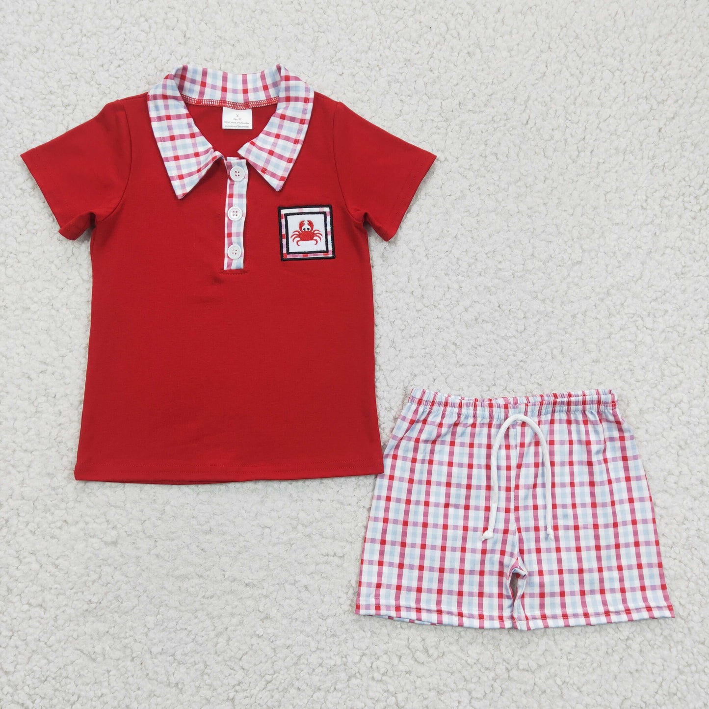 Red Embroidered Crab Boy Suit Summer Set