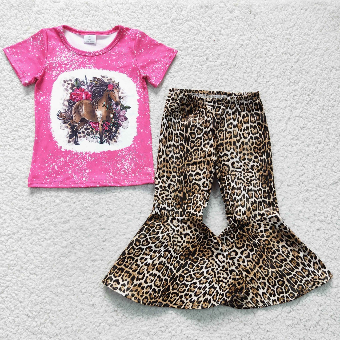 Pink Flower Horse Leopard leather Girls Bell Bottom