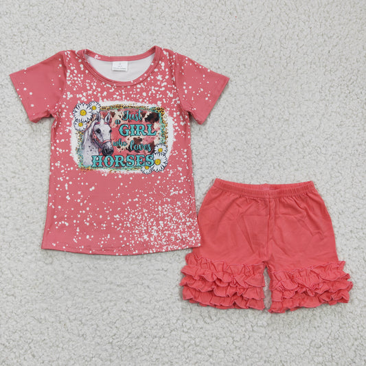 Pink Girl HORSES Short Summer Set