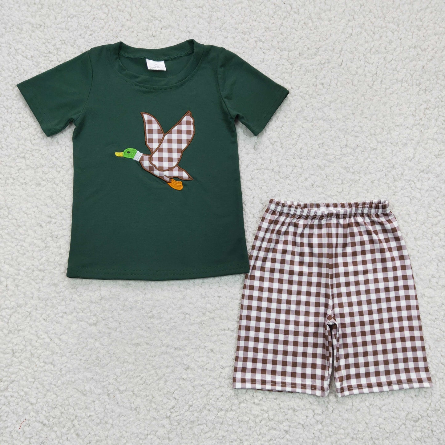 Dark Green Embroidered Duck Gray Plaid Boy Set