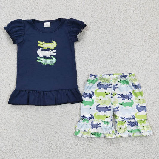 Embroidered Crocodile Pattern Girls Summer Set
