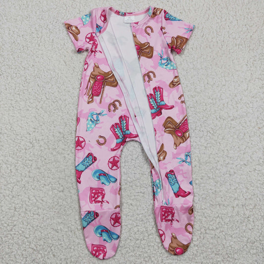 Western Pink Boot Baby Romper With zipper
