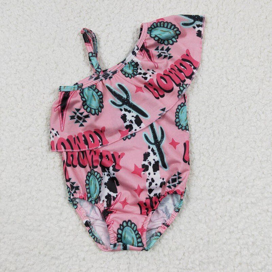 Western Pink Cow Romper Swimsuit