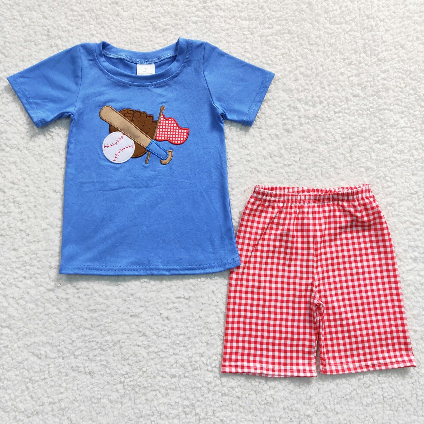 Blue Embroidered Baseball Plaid Boy Set