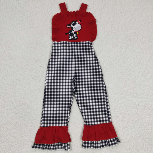 Red Embroidered Cow Black Plaid Jumpsuit
