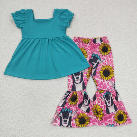 Western Blue Cow Sunflower Girls Outfits