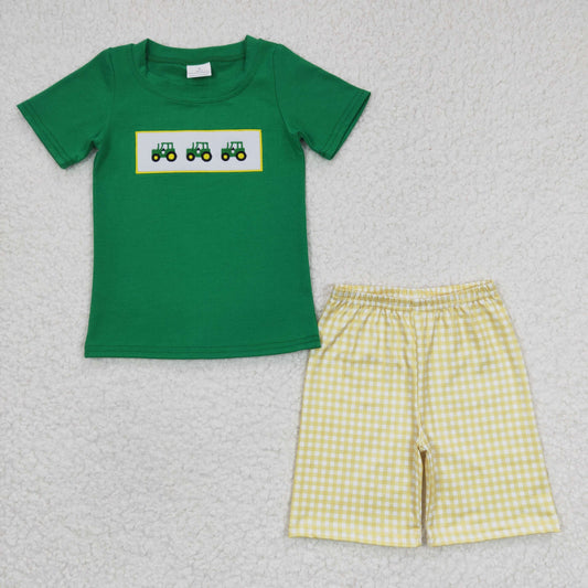 Green Embroidered Car Plaid Boy Set