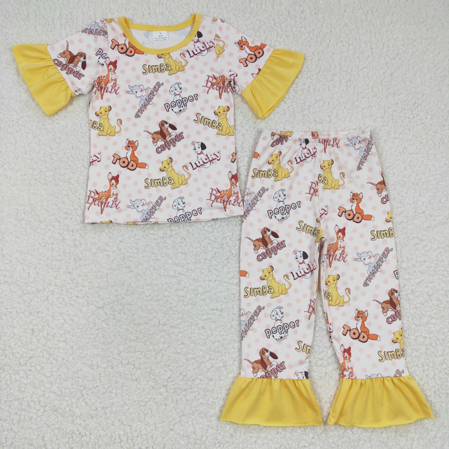 Yellow Animal Cartoon Ruffle Pajamas