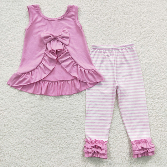 light Purple With Bow Stripe Pants Girls Set