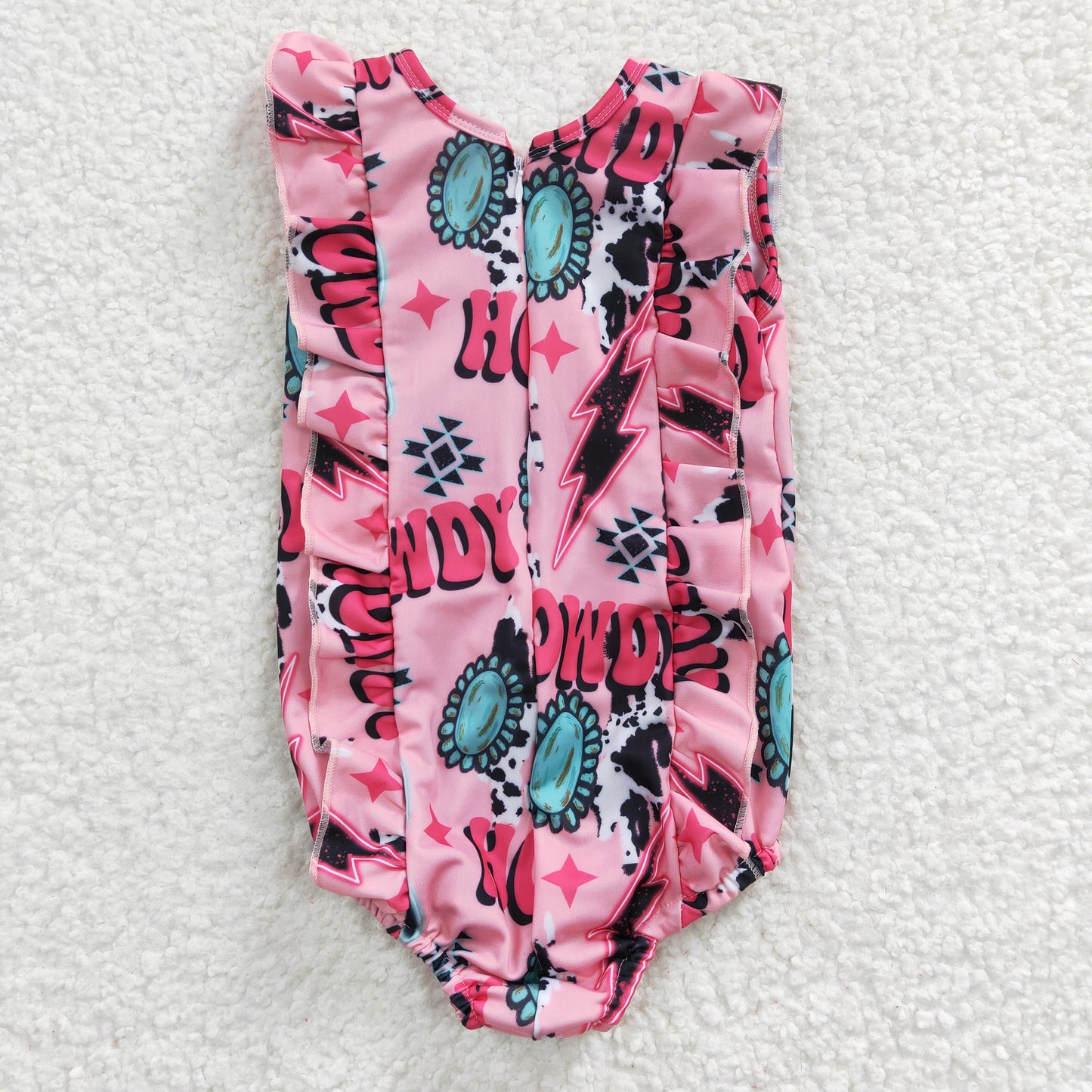 Western Pink Girls Cow romper Swimsuit