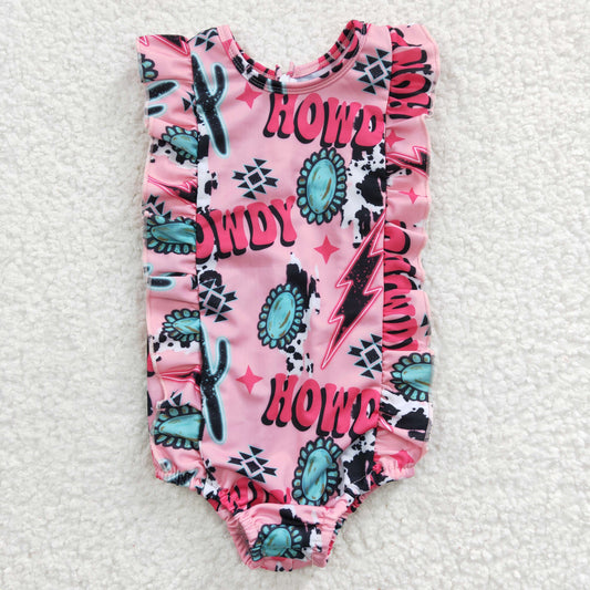 Western Pink Girls Cow romper Swimsuit