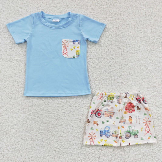 Blue Animal Farm House Boy Summer Set