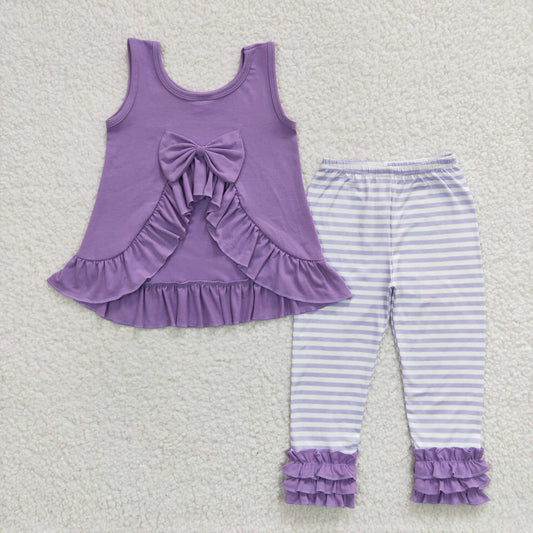 Purple With Bow Stripe Pants Girls Set