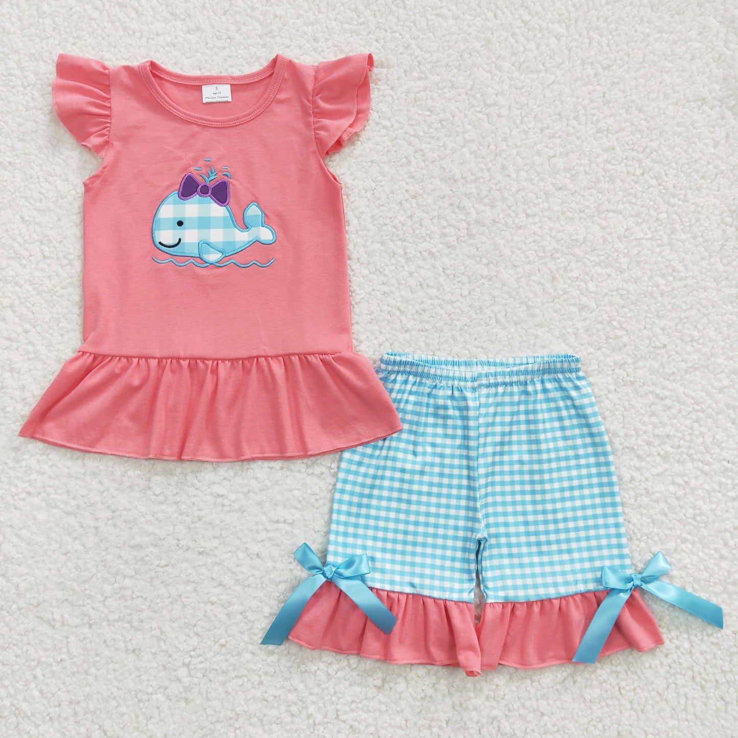 Pink Embroidered Whale Girls Summer Set