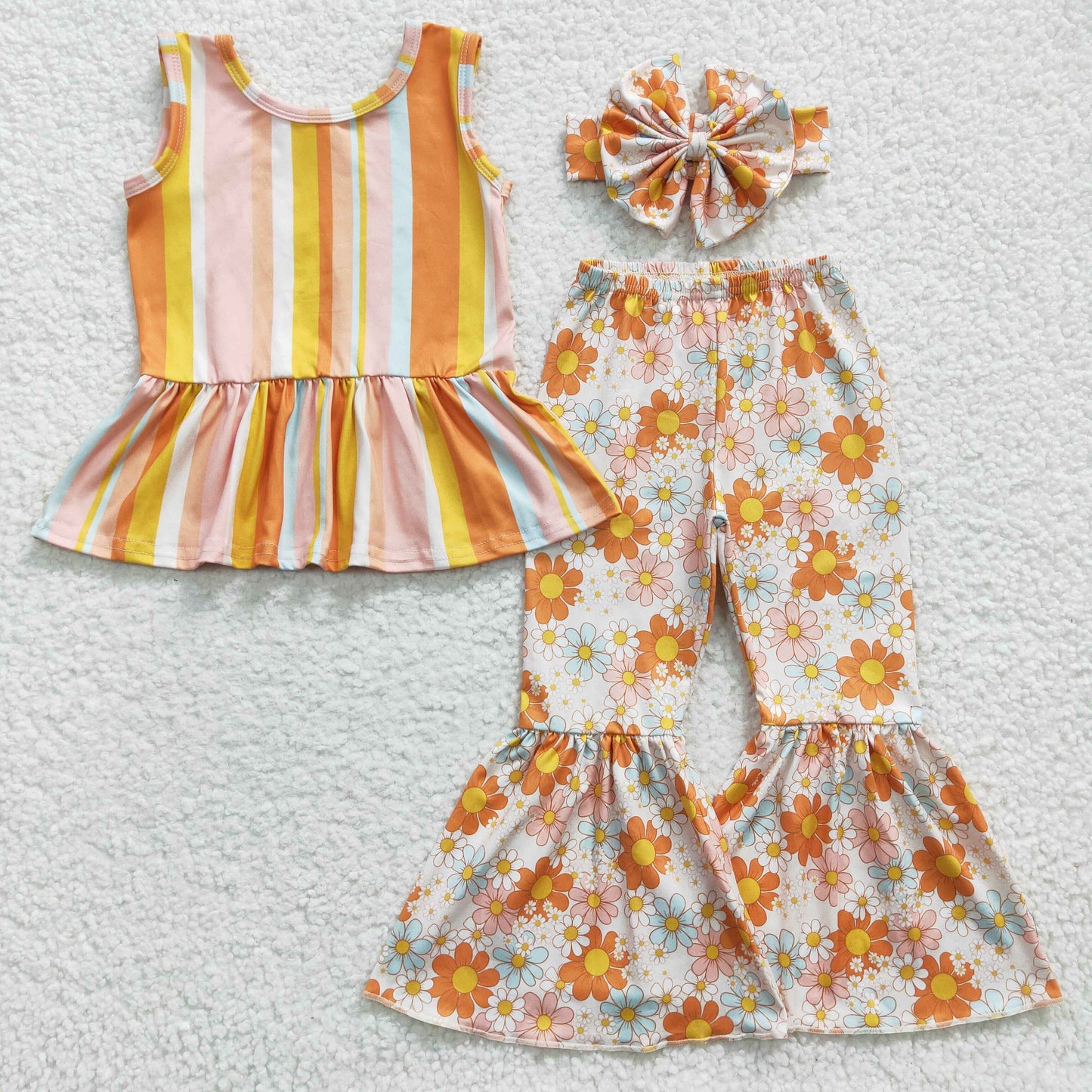 Yellow Flowers Striped Pants Girl Outfits