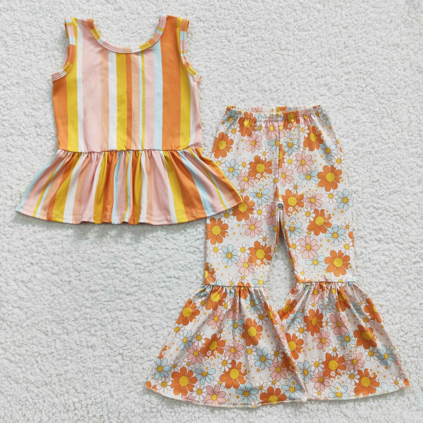 Yellow Flowers Striped Pants Girl Outfits