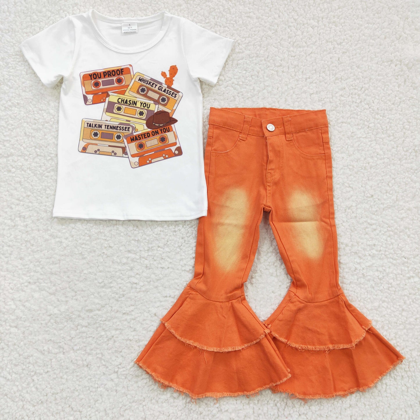 Cassette Tape Print Baby Shirt Orange Jeans