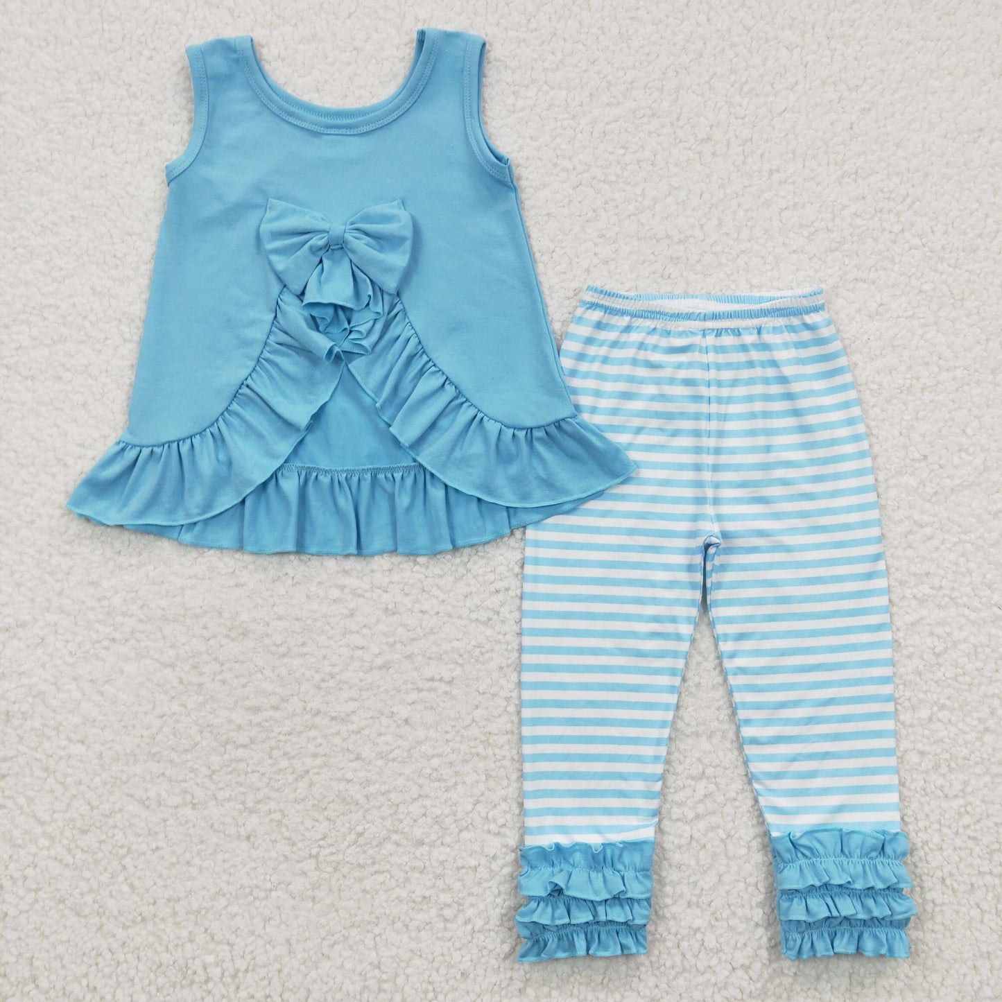 light Blue With Bow Stripe Pants Girls Set