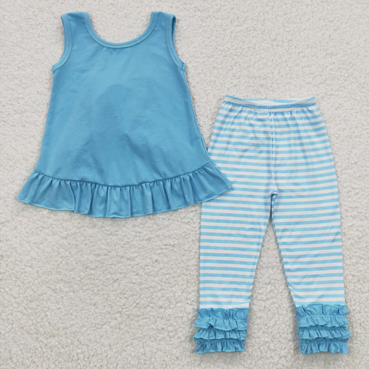 light Blue With Bow Stripe Pants Girls Set