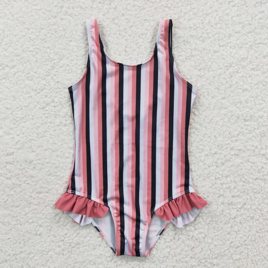 Black Pink Stripe Girls Summer Swimsuit