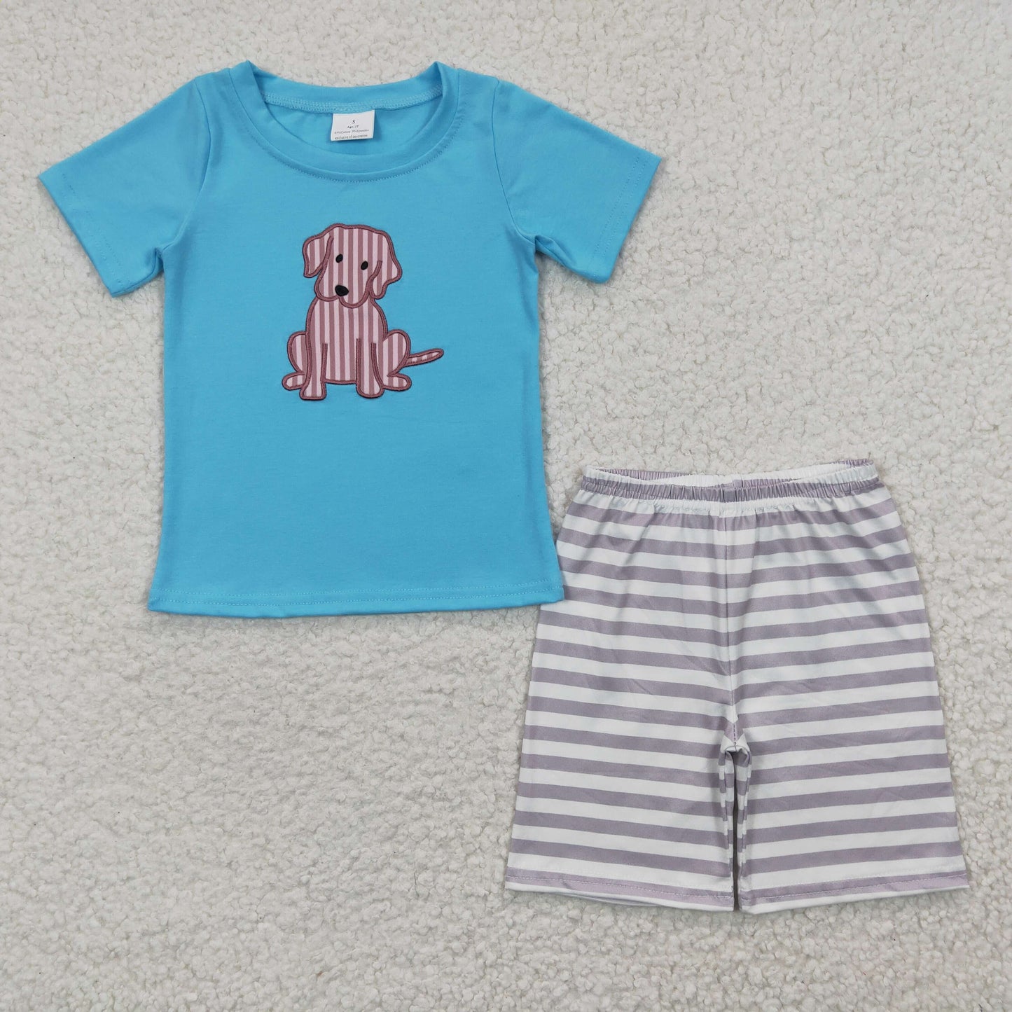 Blue Embroidery Dog Short Summer Set