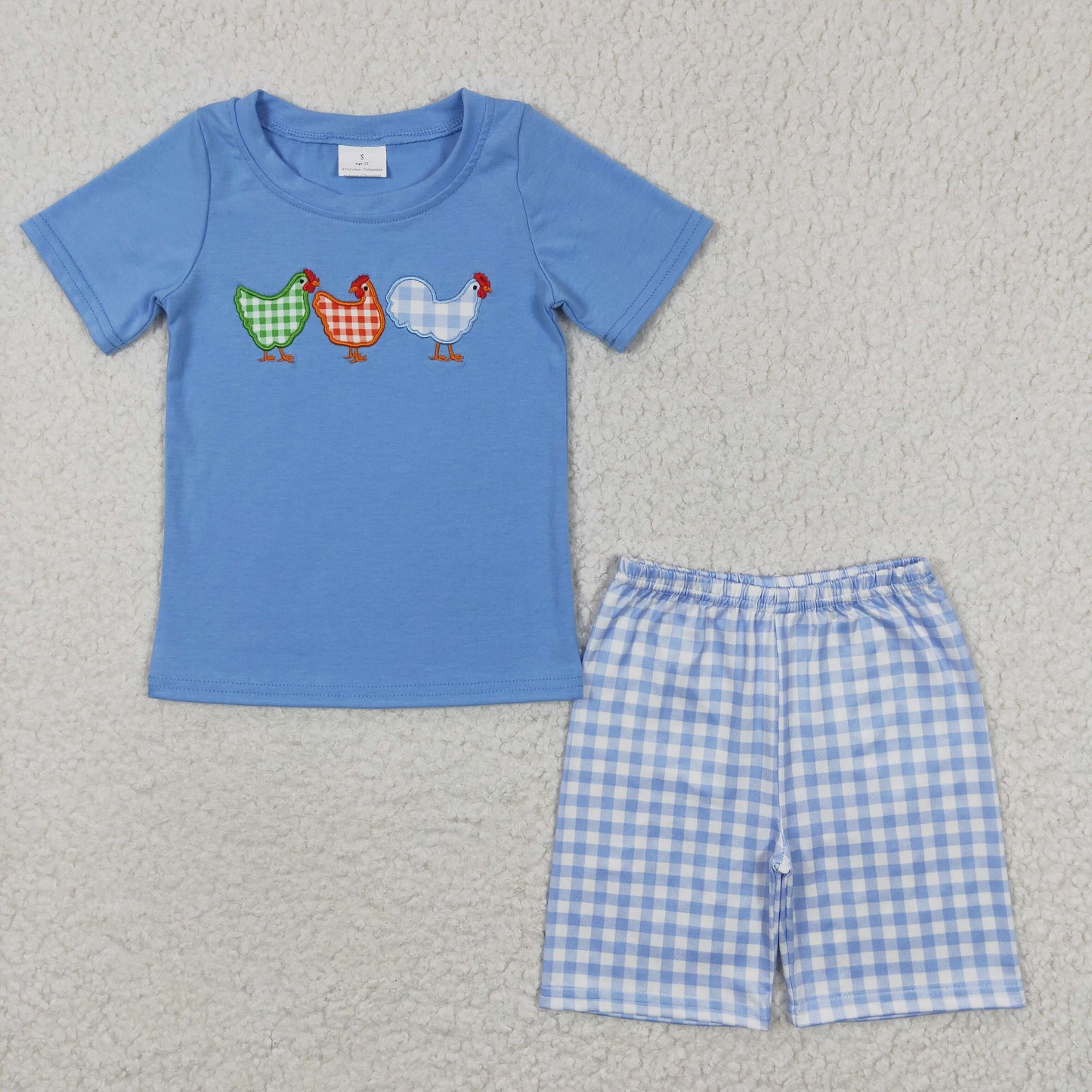 Embroidered Blue Flower Chicken Boy Set