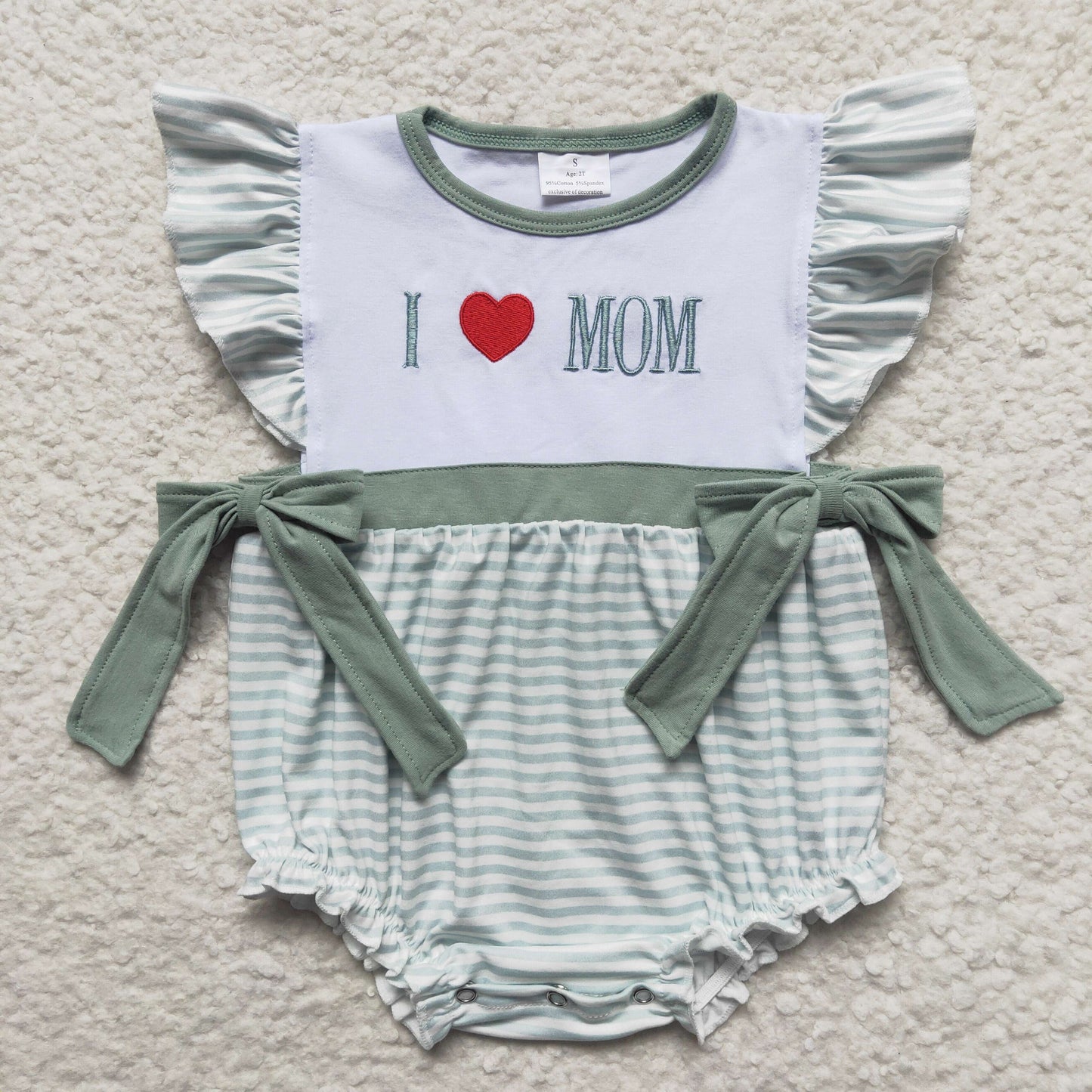 Embroidered MOM Green Stripe Baby Romper