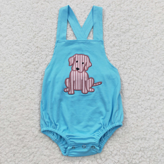 Blue Embroidery Dog Baby Romper
