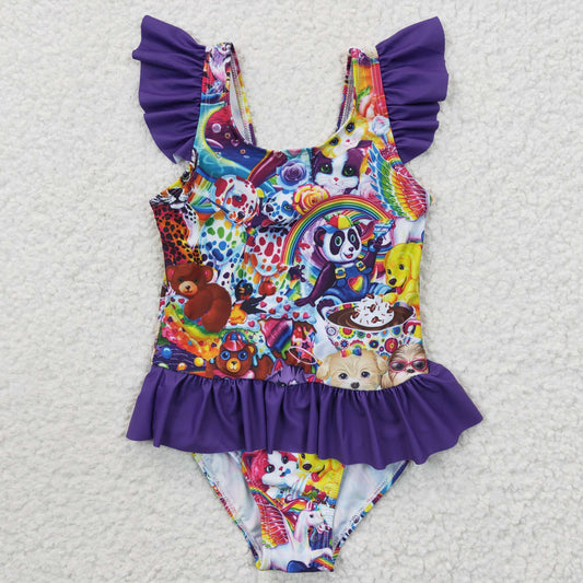 Purple Cartoon one pc Girls Summer Swimsuit
