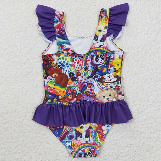 Purple Cartoon one pc Girls Summer Swimsuit