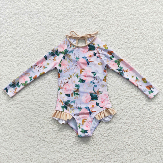 Long Sleeve Flowers one pc Girls Summer Swimsuit