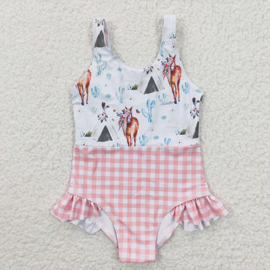 Pink Plaid Horse Girls Summer Swimsuit