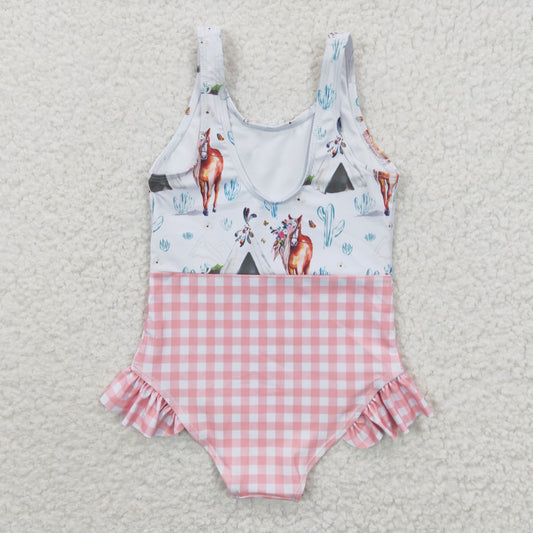 Pink Plaid Horse Girls Summer Swimsuit