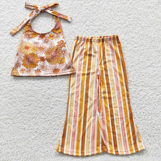 Orange Flowers Stripe Sleeveless Girls Set