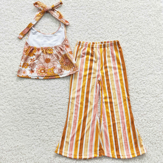 Orange Flowers Stripe Sleeveless Girls Set