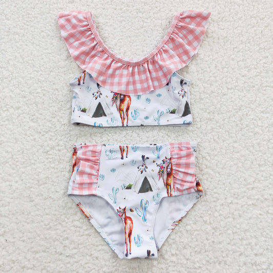Pink Plaid Horse 2pc Girls Summer Swimsuit