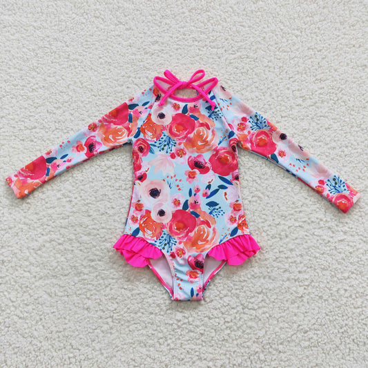 Long Sleeve Flowers one pc Girls Summer Swimsuit