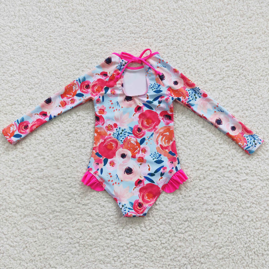 Long Sleeve Flowers one pc Girls Summer Swimsuit