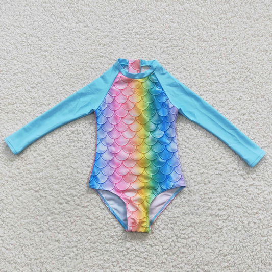 Long Sleeve Fish Scalesone pc Girls Summer Swimsuit