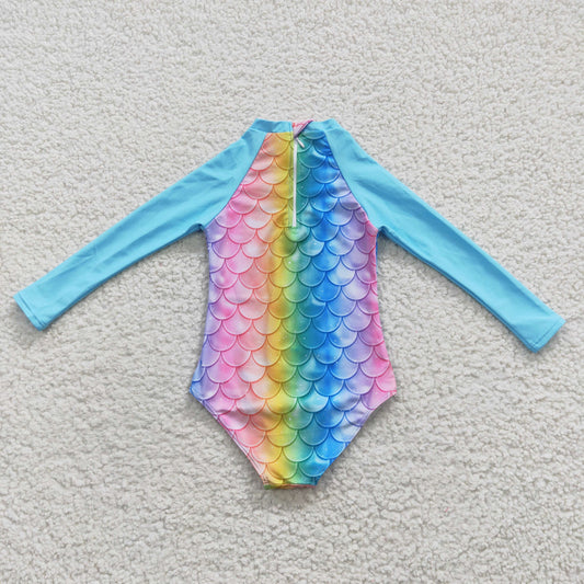 Long Sleeve Fish Scalesone pc Girls Summer Swimsuit