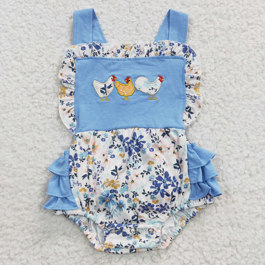 Embroidered Blue Flower Chicken Girls Baby Romper